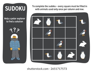 Jogo de Sudoku para crianças com desenhos animados bonitos animais polares árticos. Jogo de atividades de lógica educacional para crianças. Ilustração vetorial.