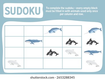 Jogo de Sudoku para crianças com desenhos animados bonitos animais do mar polar ártico. Jogo de atividades de lógica educacional para crianças. Ilustração vetorial.