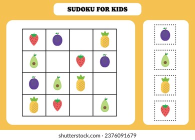 Sudoku game for kids. Fun activity for children. Printable worksheet design.