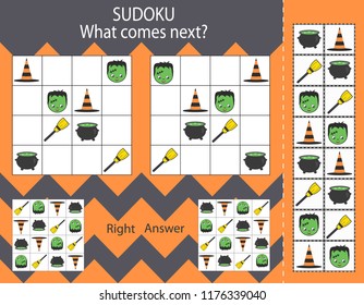 Sudoku game for kids with Halloween drawings. Find the right next image Frankenstein or witch boiler or hat or broom. Children funny riddle entertainment. Sheet right answer. Vector activity page.