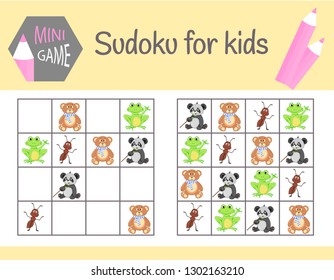 Sudoku game for kids with pictures and animals. Children sheets. Learning logic, educational game.