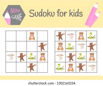 Sudoku game for kids with pictures and animals. Children sheets. Learning logic, educational game.