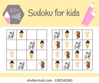 Sudoku game for kids with pictures and animals. Children sheets. Learning logic, educational game.