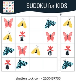 Sudoku game for kids with pictures. Cartoon butterflies, insects and elements of the natural world. Vector.