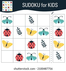 Sudoku game for kids with pictures. Cartoon butterflies, insects and elements of the natural world. Vector.