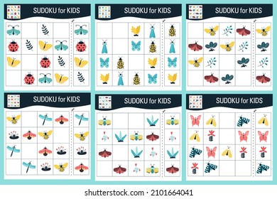 Sudoku juego para niños con fotos. Mariposas de dibujos animados, insectos y elementos del mundo natural. Vector.