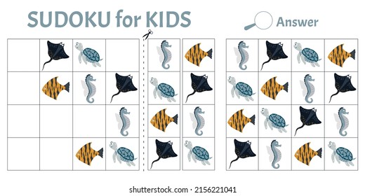 Sudoku game for kids with pictures of sea animals. Children's activity sheet. Vector illustration cartoon style