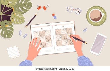 Sudoku game. Learning and leisure concept. Woman solves crossword puzzle. Top view workplace. Task for development of logical thinking and training brain. Vector illustration in flat cartoon style.