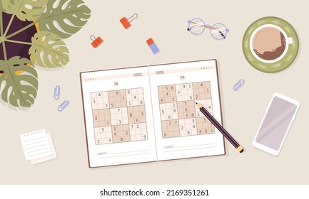 Sudoku game. Learning and leisure concept. Top view workplace. Task for development of logical thinking and training brain. Vector illustration in flat cartoon style.