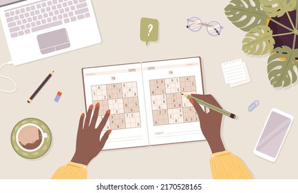 Sudoku game. Learning and leisure concept. African woman solves crossword puzzle. Top view workplace. Task for development of logical thinking and training brain. Vector illustration in cartoon style.