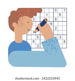 Sudoku game. Man with pencil solves crossword puzzle. Learning and leisure concept.  Simple geometric sketch vector illustration