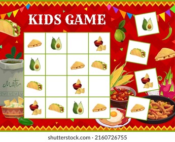 Sudoku game, Mexican cuisine meals, fruits and snacks, vector puzzle worksheet. Sudoku riddle grid to find and match Mexican taco and quesadilla with avocado and nachos chips in chili sauce