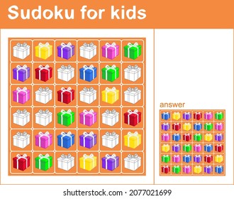 Sudoku game with pictures (colorful geometric shapes) for children, easy level, education game for kids, preschool worksheet activity, task for the development of logical thinking, vector illustration