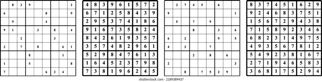 Sudoku game with solution. Hard and easy level square puzzle with answers. Educational number place for kids and adult