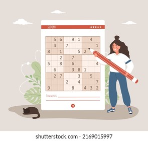 Sudoku game. Woman with giant pencil solves crossword puzzle. Learning and leisure concept. Task for development of logical thinking and training brain. Vector illustration in flat cartoon style.