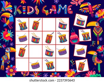 Hoja de trabajo del juego Sudoku tambores, tocanes y flores brasileños. Niñas vectoriales con elementos de caricatura al estilo alebrije mexicano en el tablero cuadrado. Trayectoria de crucigrama para niños, recreación de ocio, juego de mesa