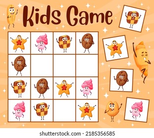 Sudoku Game Worksheet, Cartoon Bakery And Cookies Characters, Vector Kids Puzzle. Sudoku Riddle Grid To Find And Match Pastry Croissant, Cupcake Muffin And Chocolate Brownie With Biscuit