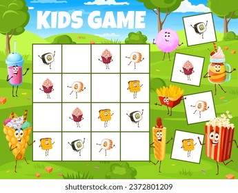 Sudoku game worksheet with cartoon fast food and dessert characters, vector kids quiz. Funny hot dog, popcorn and potato fries with sushi and muffin cupcake on sudoku logic game or puzzle riddle