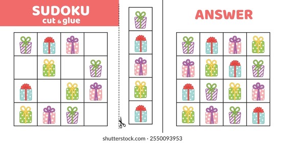 Sudoku with gift boxes. Game puzzle for kids. Cut and glue. Cartoon, isolated, vector, eps 10