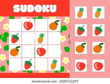 Sudoku mit Bildern von Erdbeere, Ananas, Orange und Apfel. Spiele Kinder Logik Puzzle Spiel