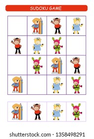 Sudoku for kids.  Kids activity sheet. Training logic, educational game. Sudoku game with animals.