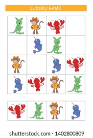Sudoku for kids. Kids activity sheet. Training logic, educational game. Sudoku game with animals.