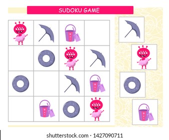 Sudoku for kids. Kids activity sheet. Training logic, educational game. Sudoku game with funny monsters.