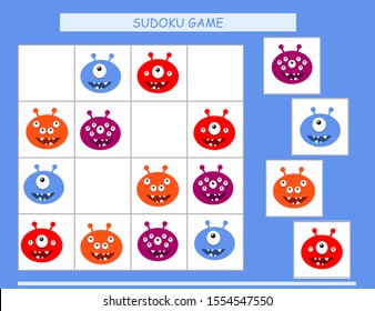 Sudoku for kids. Kids activity sheet. Training logic, educational game. Sudoku game with funny monsters.	