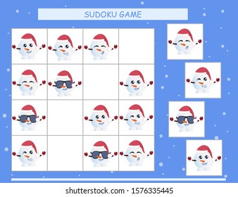 Sudoku for kids. Kids activity sheet. Training logic, educational game. Sudoku game with funny snowman.