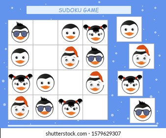 Sudoku for kids. Kids activity sheet. Training logic, educational game. Sudoku game with funny penguin.	