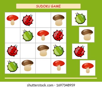 Sudoku para los niños. Hoja de actividades para niños. Lógica de entrenamiento, juego educativo. Juego Sudoku con ladybirds, champiñones, hojas de trébol para niños, nivel fácil, hoja de cálculo preescolar.	