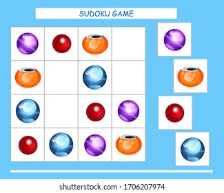 Sudoku for kids. Kids activity sheet. Training logic, educational game. Sudoku game with cute beads.	