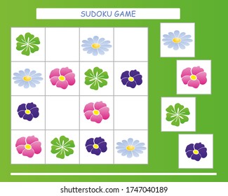 Sudoku for kids. Kids activity sheet. Training logic, educational game. Sudoku game with cute flowers.	