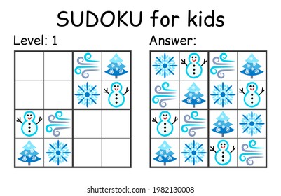 Sudoku. Kids and adult mathematical mosaic. Kids game. Winter theme. Magic square. Logic puzzle game. Digital rebus. Vector illustration