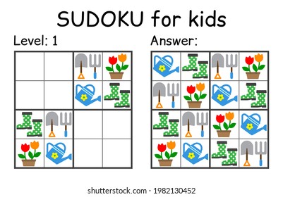 Sudoku. Kids and adult mathematical mosaic. Kids game. Garden theme. Magic square. Logic puzzle game. Digital rebus. Vector illustration
