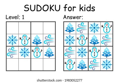 Sudoku. Kids and adult mathematical mosaic. Kids game. Winter theme. Magic square. Logic puzzle game. Digital rebus. Vector illustration