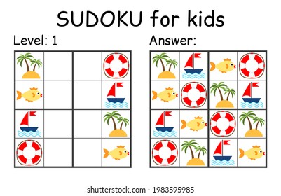 Sudoku. Kids and adult mathematical mosaic. Kids game. Marine theme. Magic square. Logic puzzle game. Digital rebus. Vector illustration