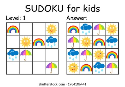 Sudoku. Kids and adult mathematical mosaic. Kids game. Weather theme. Magic square. Logic puzzle game. Digital rebus. Vector illustration