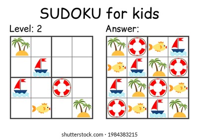 Sudoku. Kids and adult mathematical mosaic. Kids game. Marine theme. Magic square. Logic puzzle game. Digital rebus. Vector illustration
