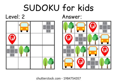 Sudoku. Kids and adult mathematical mosaic. Kids game. Road theme. Magic square. Logic puzzle game. Digital rebus. Vector illustration