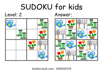 Sudoku. Kinder und erwachsenes mathematisches Mosaik. Kinderspiel. Gartenthema. Magischer Platz. Logikpuzzle-Spiel. Digitaler Rebus. Vektorgrafik