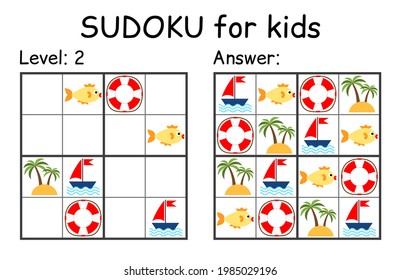 Sudoku. Kinder und erwachsenes mathematisches Mosaik. Kinderspiel. Meeresthema. Magischer Platz. Logikpuzzle-Spiel. Digitaler Rebus. Vektorgrafik