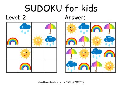 Sudoku. Kinder und erwachsenes mathematisches Mosaik. Kinderspiel. Wetterthema. Magischer Platz. Logikpuzzle-Spiel. Digitaler Rebus. Vektorgrafik