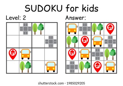 Sudoku. Kinder und erwachsenes mathematisches Mosaik. Kinderspiel. Straßenthema. Magischer Platz. Logikpuzzle-Spiel. Digitaler Rebus. Vektorgrafik