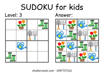 Sudoku. Kids and adult mathematical mosaic. Kids game. Garden theme. Magic square. Logic puzzle game. Digital rebus. Vector illustration