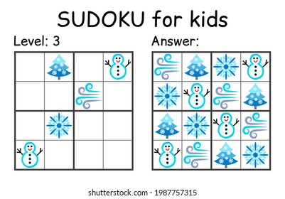 Sudoku. Kids and adult mathematical mosaic. Kids game. Winter theme. Magic square. Logic puzzle game. Digital rebus. Vector illustration