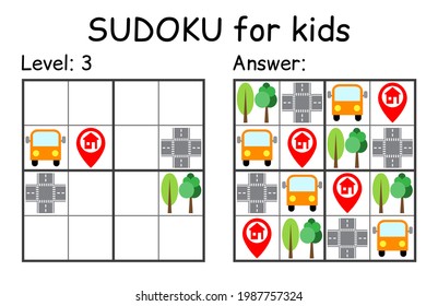Sudoku. Kids and adult mathematical mosaic. Kids game. Road theme. Magic square. Logic puzzle game. Digital rebus. Vector illustration