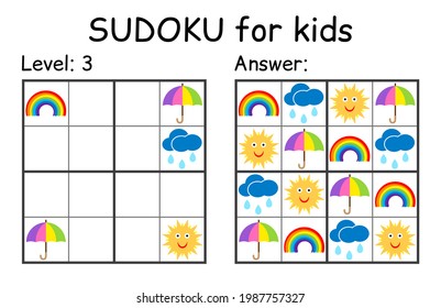 Sudoku. Kids and adult mathematical mosaic. Kids game. Weather theme. Magic square. Logic puzzle game. Digital rebus. Vector illustration