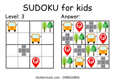Sudoku. Kids and adult mathematical mosaic. Kids game. Road theme. Magic square. Logic puzzle game. Digital rebus. Vector illustration