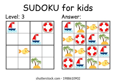 Sudoku. Kids and adult mathematical mosaic. Kids game. Marine theme. Magic square. Logic puzzle game. Digital rebus. Vector illustration